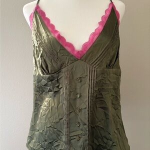 Salvage Olive Green Camisole with Pink Lace Trim